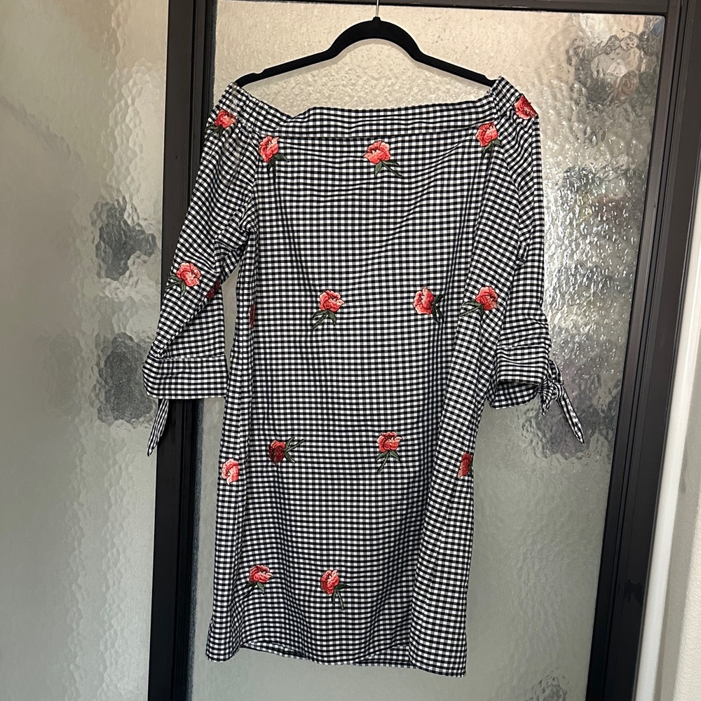 Uncle Frank Black and White Gingham Dress with Red Floral Details